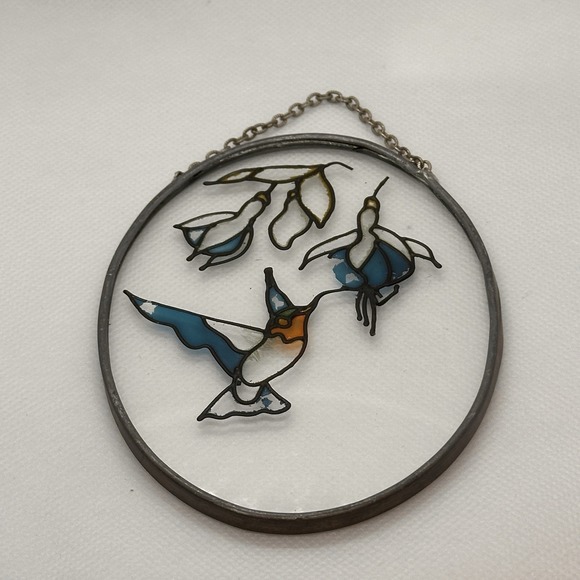 Stained Glass Oval Sun Catcher Hummingbird and Flowers With Chain Ornament - Picture 1 of 9